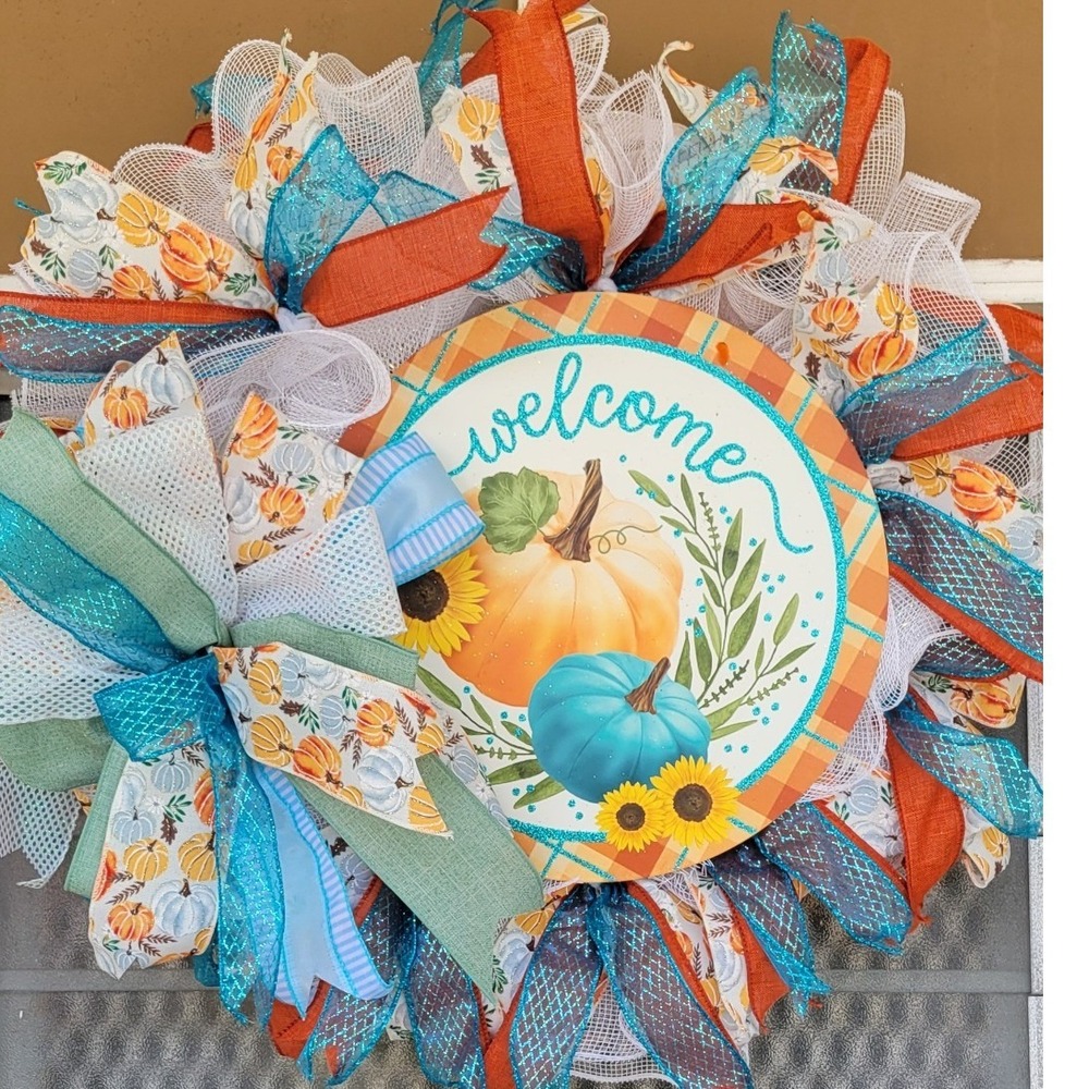 Fall Sparkle Welcome Pumpkin Wreath Slim Pancake Front Door Decor Teal Orange